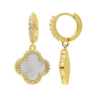 Adornia 14k Gold Plated Crystal Halo Clover Dangle Huggie Earrings