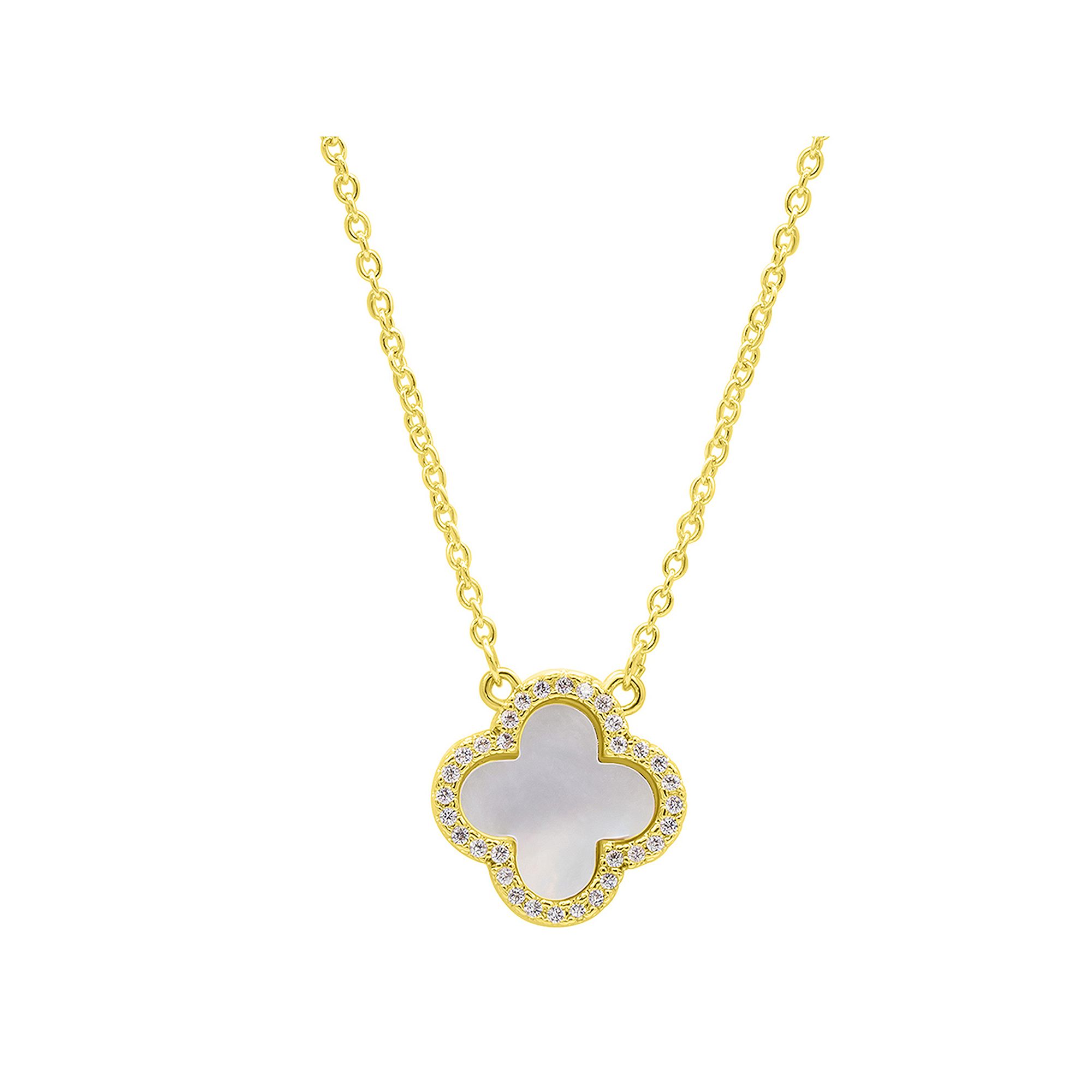 Adornia 14k Gold Plated Crystal Halo White Mother of Pearl Clover Necklace