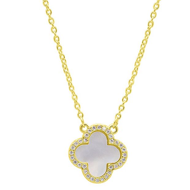 Adornia 14k Gold Plated Crystal Halo White Mother of Pearl Clover