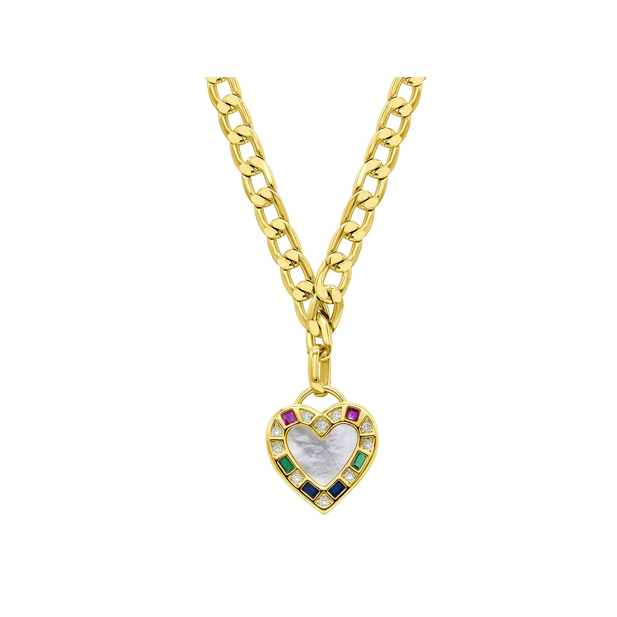 Adornia 14k Gold Plated Figaro Chain Mother-of-Pearl Heart Necklace, Women