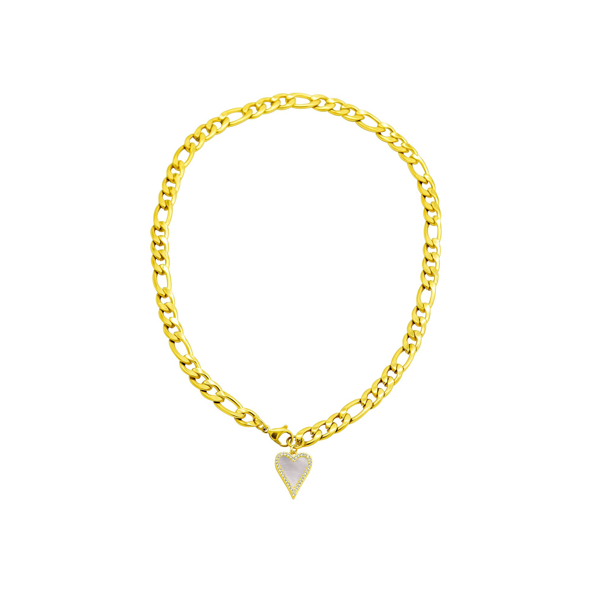 Adornia 14k Gold Plated Crystal Halo Mother-of-Pearl Heart Figaro Chain Ne