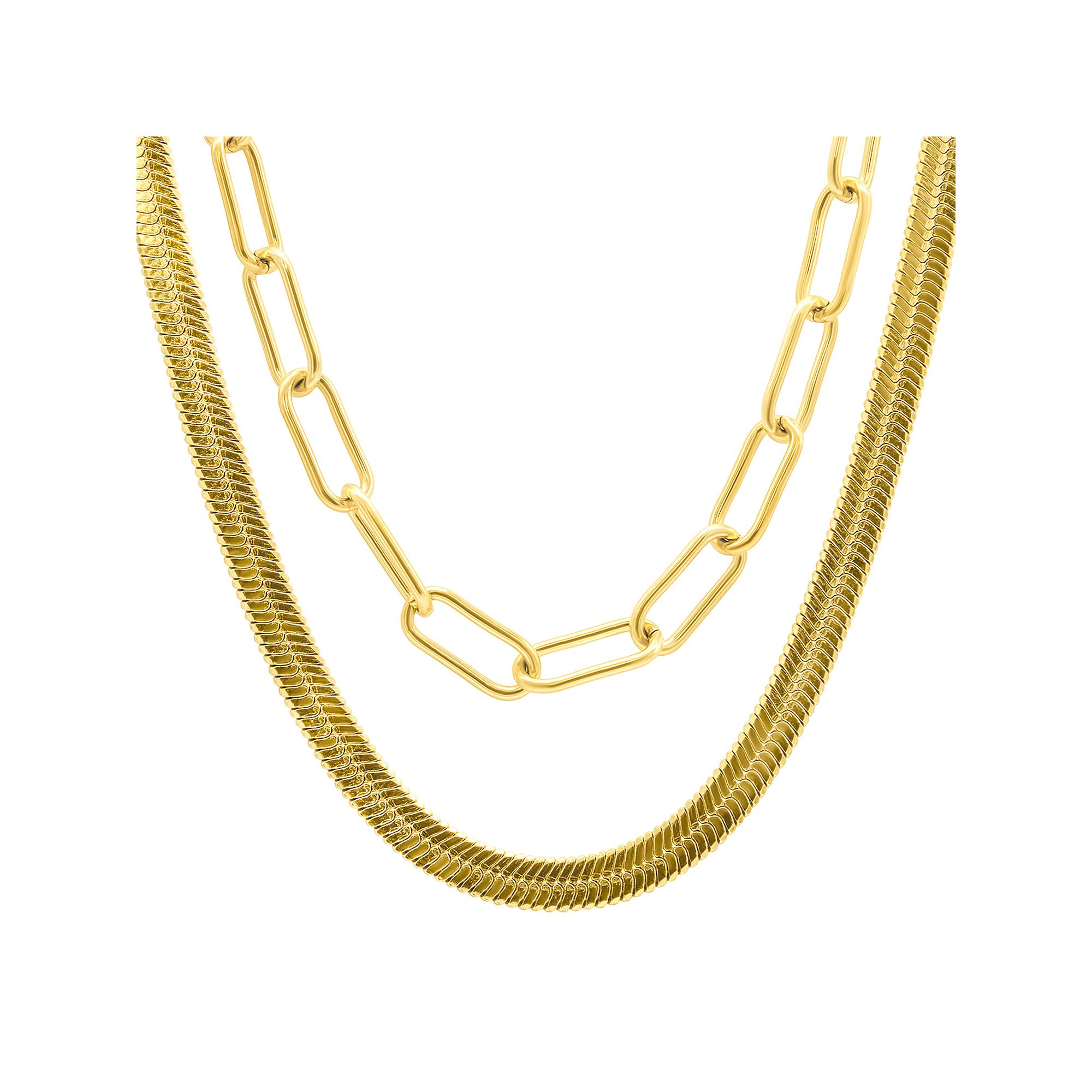 Adornia 14k Gold Plated Set Of 2 Herringbone and Paper Clip Necklaces, Wom