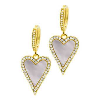 Adornia 14k Gold Plated White Mother-of-Pearl Crystal Halo Heart Drop Huggie Earrings