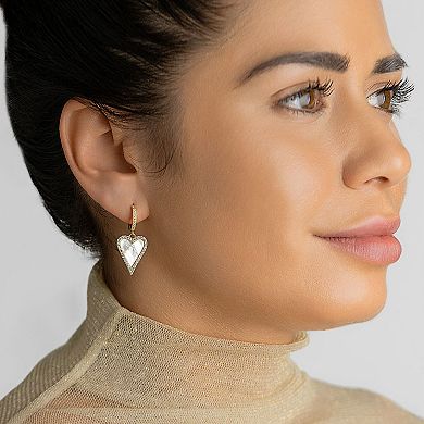 Adornia 14K Gold Plated White Mother-of-Pearl Crystal Halo Heart Drop Huggie Earrings