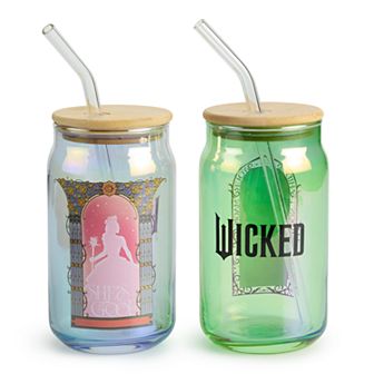 Wicked Elphaba and Glinda Pearlescent 2 pk 16 oz. Glass Tumbler, Lid & Straw Set
