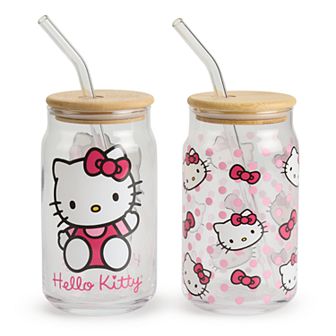 Hello Kitty 2 pk 16oz Glass Tumbler with Bamboo Lid and Glass Straw Set