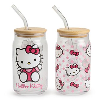 Hello Kitty 2 pk 16oz Glass Tumbler with Bamboo Lid and Glass Straw Set