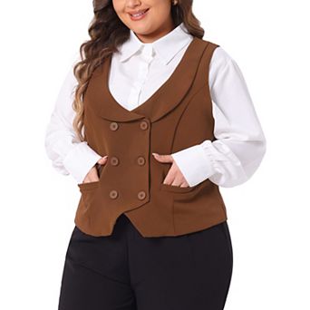 Women's Plus Size Waistcoat Vest Double Breasted Vintage Lapel Collar 2 Pockets Coat