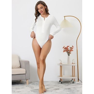 Women's Full Bodysuit Button Crew Neck Long Sleeve Bodycon Romper Stretchy Jumpsuit