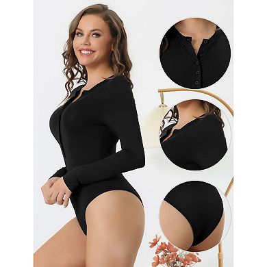 Women's Full Bodysuit Button Crew Neck Long Sleeve Bodycon Romper Stretchy Jumpsuit