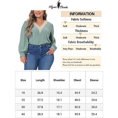 Plus Size Tops For Women Lace V Neck T Shirts Dressy Eyelet Long Sleeve Loose Casual Blouses