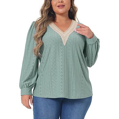 Plus Size Tops For Women Lace V Neck T Shirts Dressy Eyelet Long Sleeve Loose Casual Blouses
