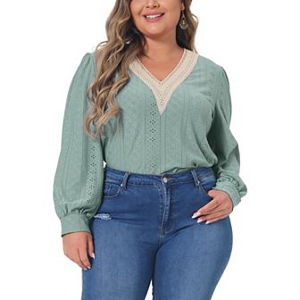 Plus Size Tops For Women Lace V Neck T Shirts Dressy Eyelet Long Sleeve Loose Casual Blouses