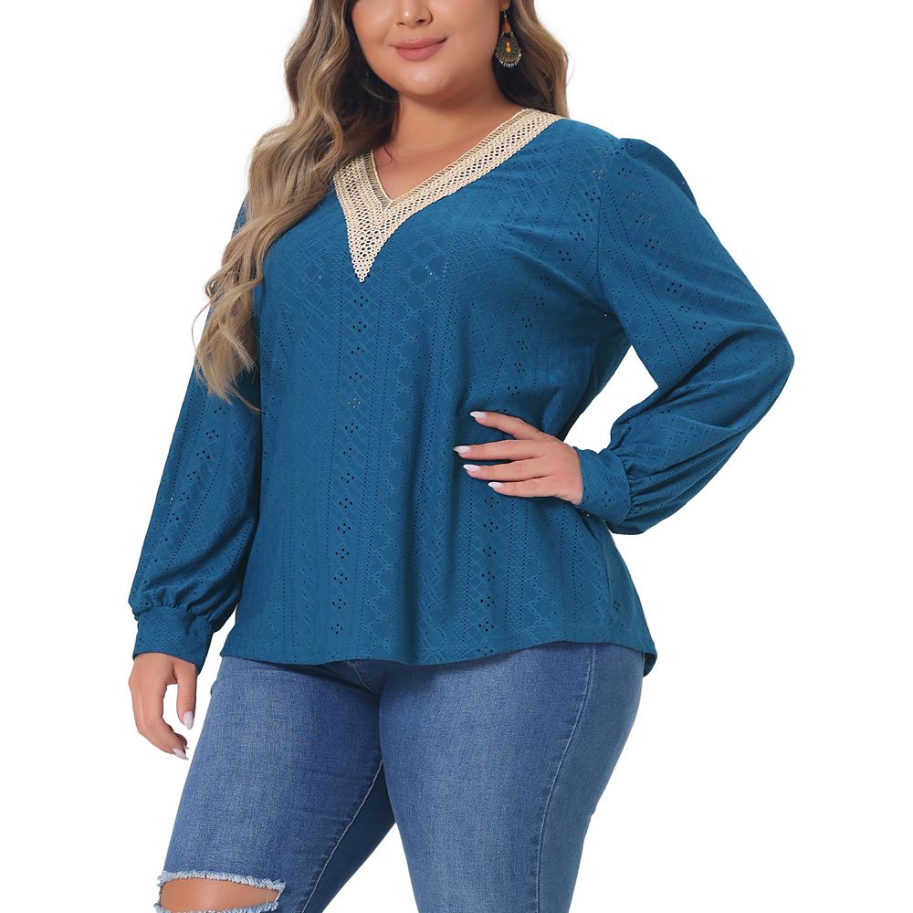 Plus Size Tops For Women Lace V Neck T Shirts Dressy Eyelet Long Sleeve ...