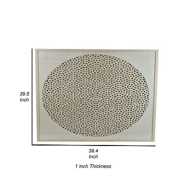 40 Inch Wall Art Decor, Carved Cutout Design, Natural Fiber, Gray Frame