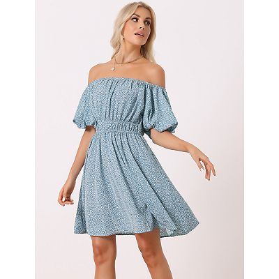 Women's Off The Shoulder Dresses Casual Puffy Sleeve Mini Floral Dress