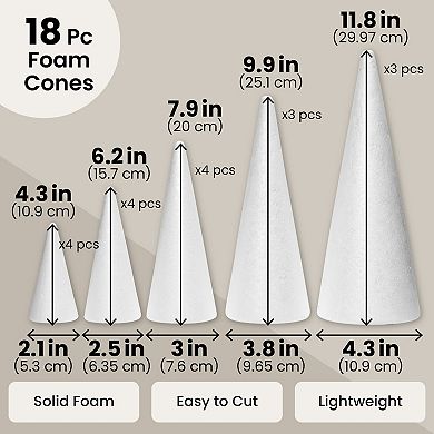 18 Pack Foam Cones For Crafts, Holiday Decorations, 5 Assorted Sizes (4.3-12")