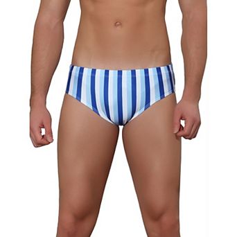 Men's Elastic Waist Contrast Color Stripe Printed Swim Briefs