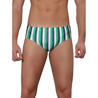 Men's Elastic Waist Contrast Color Stripe Printed Swim Briefs