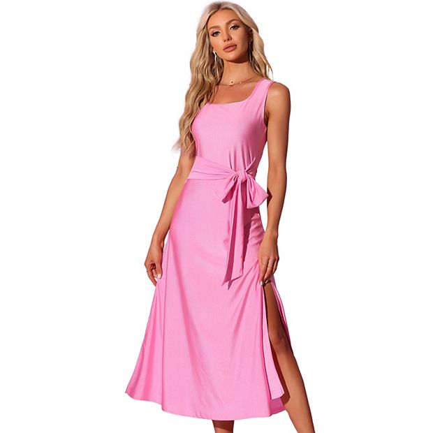 Allegra K Sleeveless Square Neck Solid Color Waist Strap Midi Slit Dress Pink M