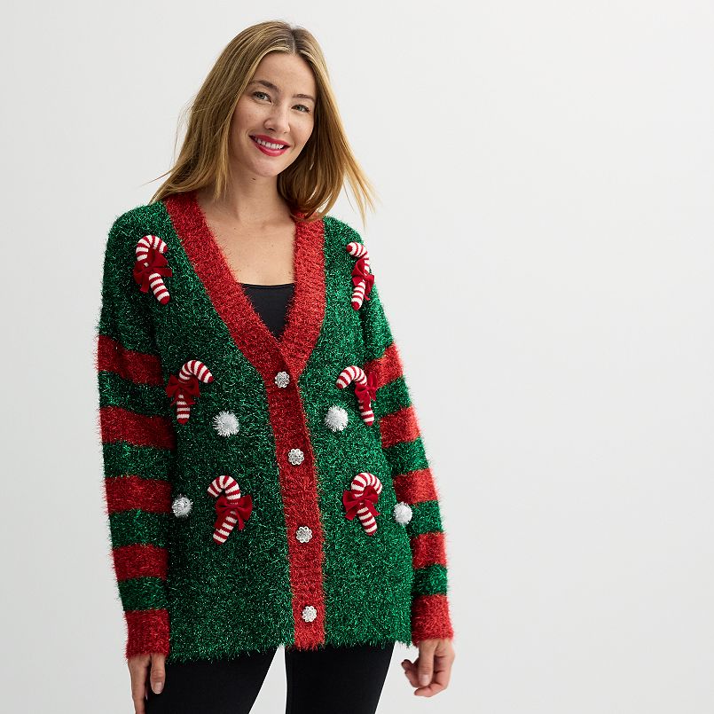 Women's Jollidays Long Sleeve Button Front Candy Cane Tinsel Cardigan