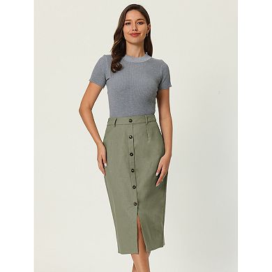 Women's Linen Skirt High Waist Knee Length Button Front Office Pencil Skirts