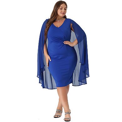 Plus Size Dress For Women V Neck Cape Sleeve Midi Bodycon Cocktail Dress