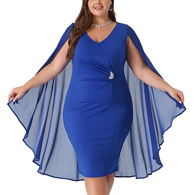 Plus Size Dress For Women V Neck Cape Sleeve Midi Bodycon Cocktail Dress