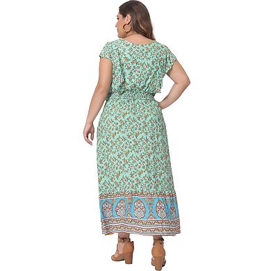 Women's Plus Size Dress Bohemian Floral V Neck Ruffle Sleeve Summer Beach Casual