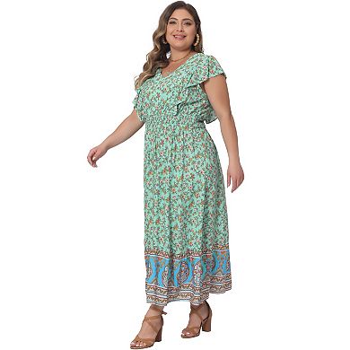 Women's Plus Size Dress Bohemian Floral V Neck Ruffle Sleeve Summer Beach Casual