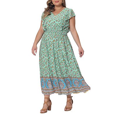 Women's Plus Size Dress Bohemian Floral V Neck Ruffle Sleeve Summer Beach Casual