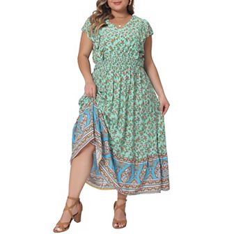 Women's Plus Size Dress Bohemian Floral V Neck Ruffle Sleeve Summer Beach Casual