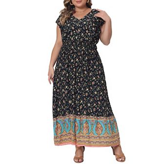 Women's Plus Size Dress Bohemian Floral V Neck Ruffle Sleeve Summer Beach Casual
