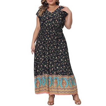 Women's Plus Size Dress Bohemian Floral V Neck Ruffle Sleeve Summer Beach Casual
