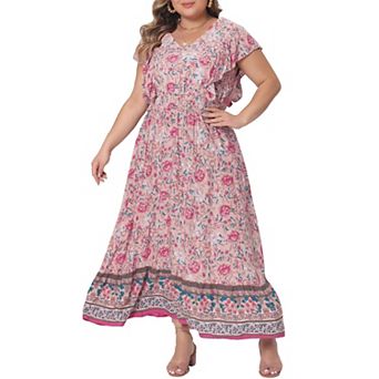 Women's Plus Size Dress Bohemian Floral V Neck Ruffle Sleeve Summer Beach Casual
