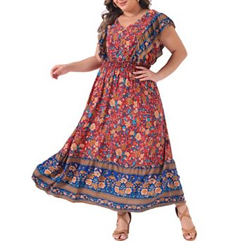 Women's Plus Size Dress Bohemian Floral V Neck Ruffle Sleeve Summer Beach Casual