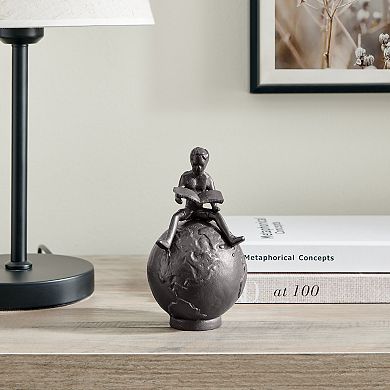 Brown Cast Iron Boy Reading On Globe Sculpture - Tabletop Desk Ornament Or Decorative Paperweight