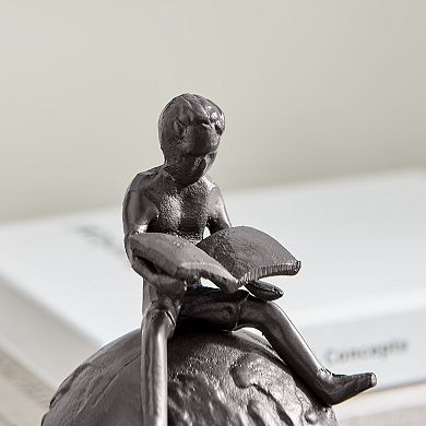 Brown Cast Iron Boy Reading On Globe Sculpture - Tabletop Desk Ornament Or Decorative Paperweight