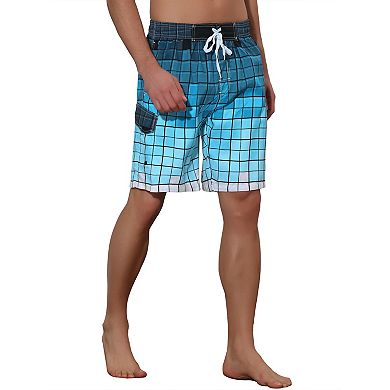 Men's Hawaiian Drawstring Waist Color Block Plaid Board Shorts