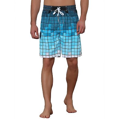 Men's Hawaiian Drawstring Waist Color Block Plaid Board Shorts
