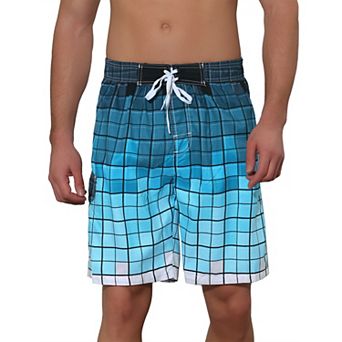Men's Hawaiian Drawstring Waist Color Block Plaid Board Shorts