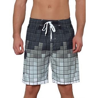 Men's Hawaiian Drawstring Waist Color Block Plaid Board Shorts