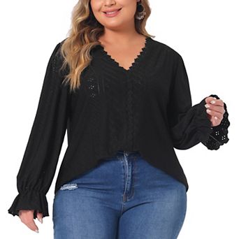 Plus Size Tops For Women V Neck Ruffle Long Sleeve Eyelet Lace Crochet Casual Hollow Blouses Tees