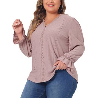 Plus Size Tops For Women V Neck Ruffle Long Sleeve Eyelet Lace Crochet Casual Hollow Blouses Tees