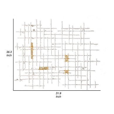 Rio 32 Inch Wall Art Decor, White And Gold Geometric Abstract Design, Iron