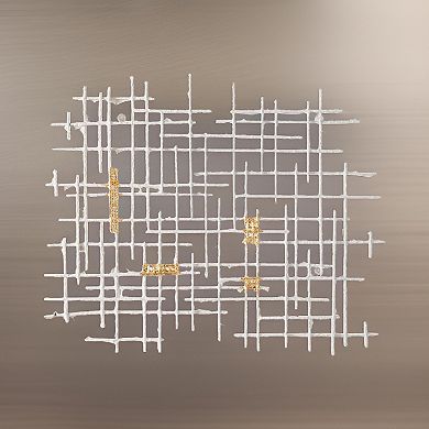 Rio 32 Inch Wall Art Decor, White And Gold Geometric Abstract Design, Iron