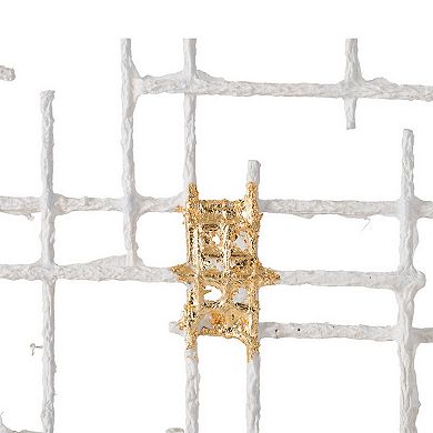 Rio 32 Inch Wall Art Decor, White And Gold Geometric Abstract Design, Iron