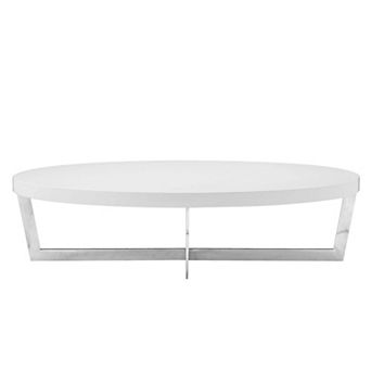 Tini 55 Inch Coffee Table, Oval Shaped Top, Metal Frame, White Finish