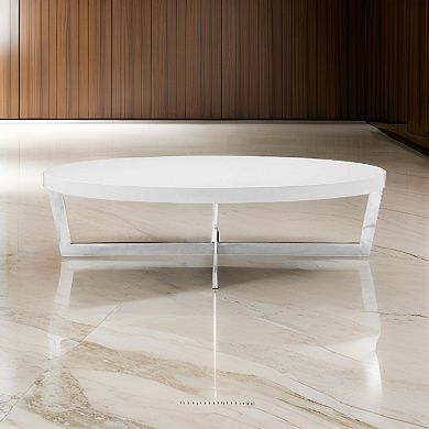 Tini 55 Inch Coffee Table, Oval Shaped Top, Metal Frame, White Finish