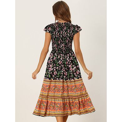 Women's Midi Ruffled Flutter Sleeve Smocked Boho Floral Dress